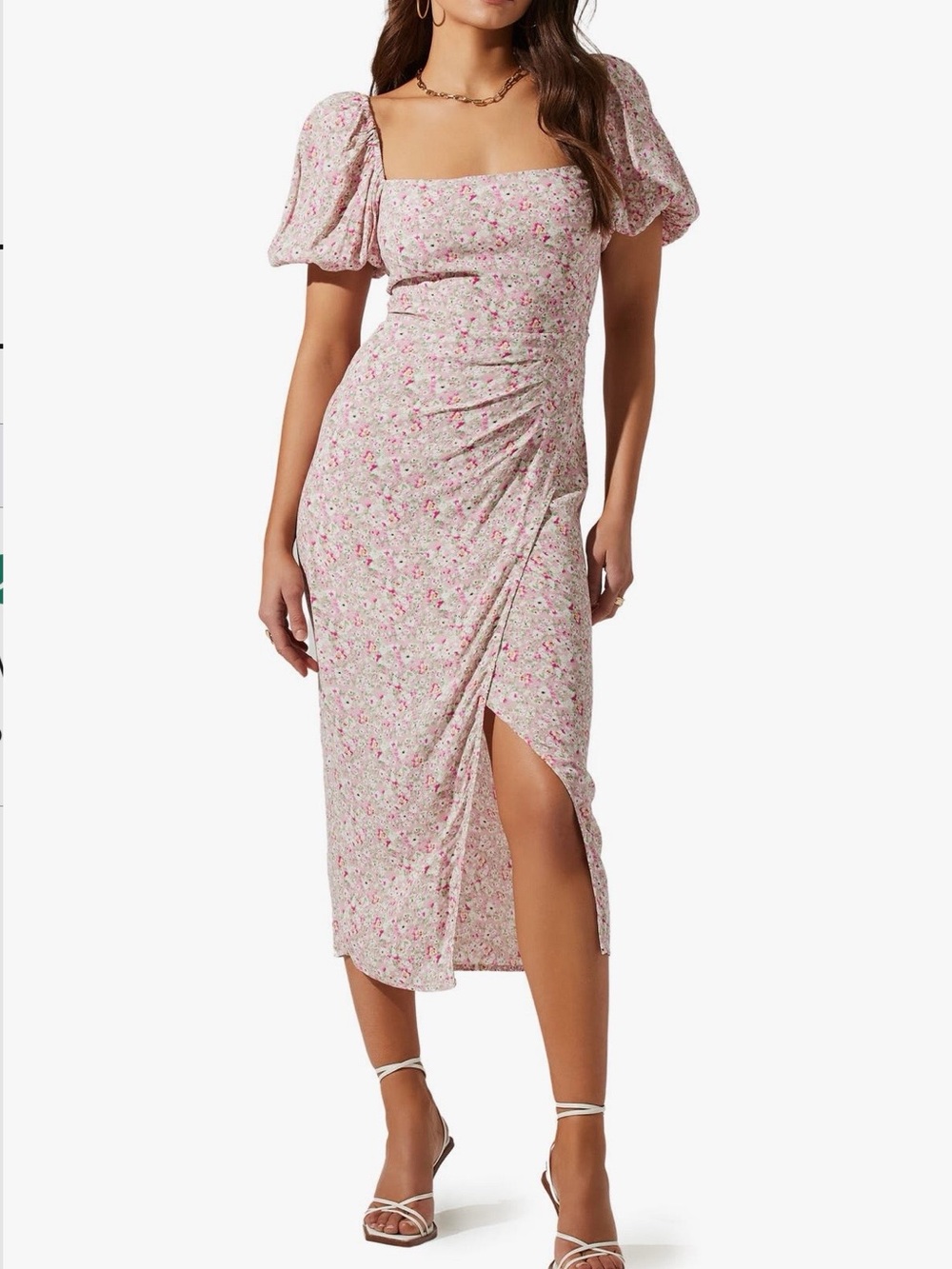 Astr Pink Floral Square-Neck Puff-Sleeve Midi Dress